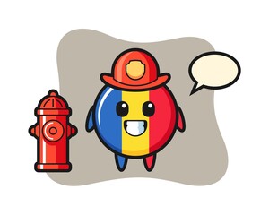 Mascot character of romania flag badge as a firefighter
