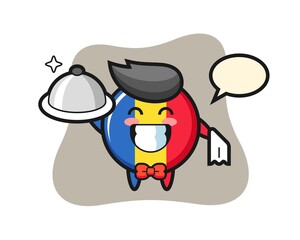 Character mascot of romania flag badge as a waiters