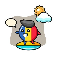 Illustration of romania flag badge cartoon do surfing on the beach