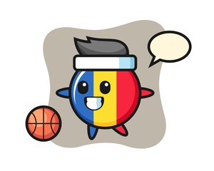 Illustration of romania flag badge cartoon is playing basketball