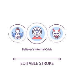 Believers internal crisis concept icon. Questioning faith, personal spirituality. Religious issues idea thin line illustration. Vector isolated outline RGB color drawing. Editable stroke