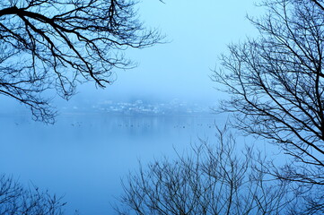 霧に覆われる湖