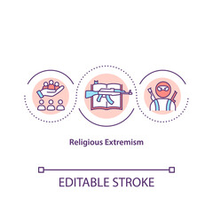 Religious extremism concept icon. Armed terrorists. Social conflict. Danger of assault. Religion issues idea thin line illustration. Vector isolated outline RGB color drawing. Editable stroke