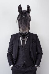 Businessman dressed in a suit with a horse head. Concept of a working horse