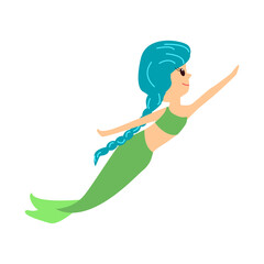 Cartoon flat little cute mermaid swims up. Cheerful mermaid with the blue hair for your creative design. Vector Illustration