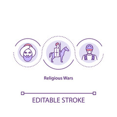 Religious wars concept icon. Armed soldier. Holy war. Social problem. Army conflict. Religious issues idea thin line illustration. Vector isolated outline RGB color drawing. Editable stroke