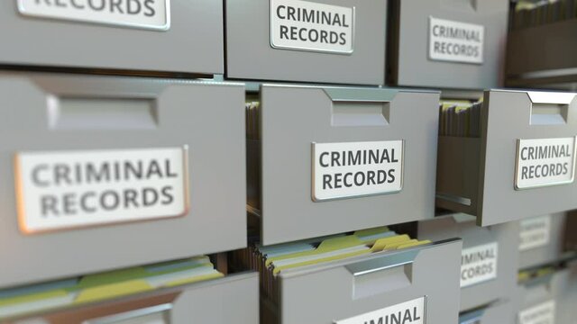 CRIMINAL RECORDS text on the drawers of a file cabinet, looping 3d animation