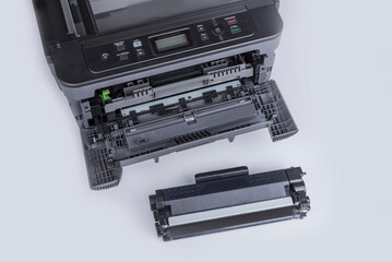 Printer cartridge change on a white background