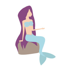 Cute little mermaid sitting on a rock. Cartoon flat cheerful mermaid. Can be used for stiker, banner, card, poster and any design.Vector Illustration