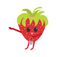 Happy fruit cartoon character. Cute kawaii strawberries witha bucket for your creative design. Vector illustration.