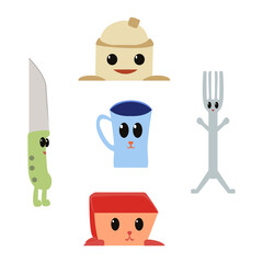 Little cute kitchen appliances with eyes. Cutlery set. Collection kitchenware with eyes. Vector illustration