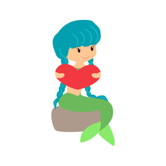 little cute mermaid sitting on the stone. Cheerful mermaid holding a heart for your creative design. Vector illustration