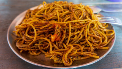 Vegetarian noodles from a guest house in Annapurna Sanctuary in Nepal
