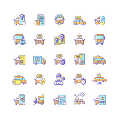 Taxi service RGB color icons set. Online technology. Modern taxi service. Easy movement around the city. Convenient service for ordering car. Convenient transportation. Isolated vector illustrations