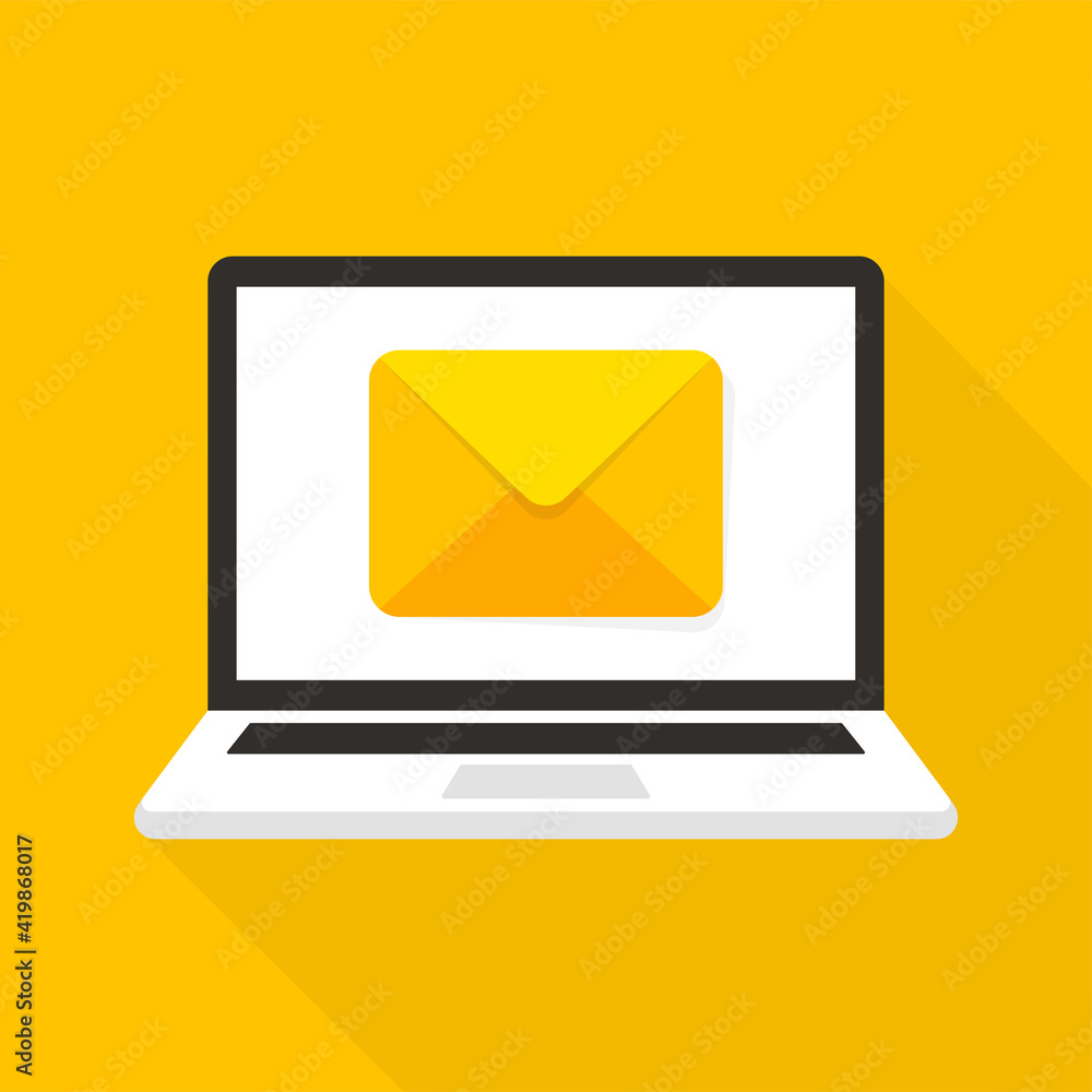 Poster laptop with mail envelope. computer and document on screen. email concept. flat style vector illustr