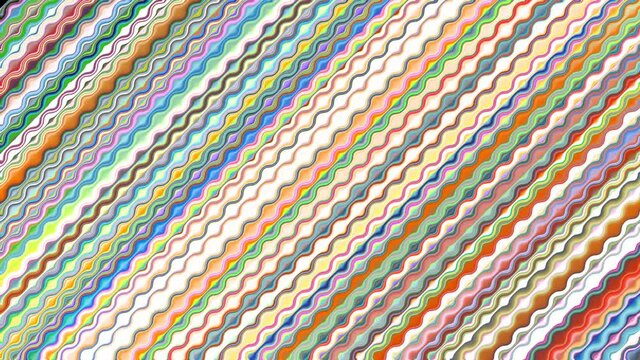 Diagonal parallel multicolor undulating lines moving, vibrating, changing colors. Looping hypnotic pattern. Abstract striped background of waving shapes are iridescent. 4K UHD 4096x2304