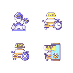 Naklejka premium Urban taxi service RGB color icons set. Convenient service for ordering car. Modern taxi service. Available city transport. Verified drivers. Convenient transportation. Isolated vector illustrations