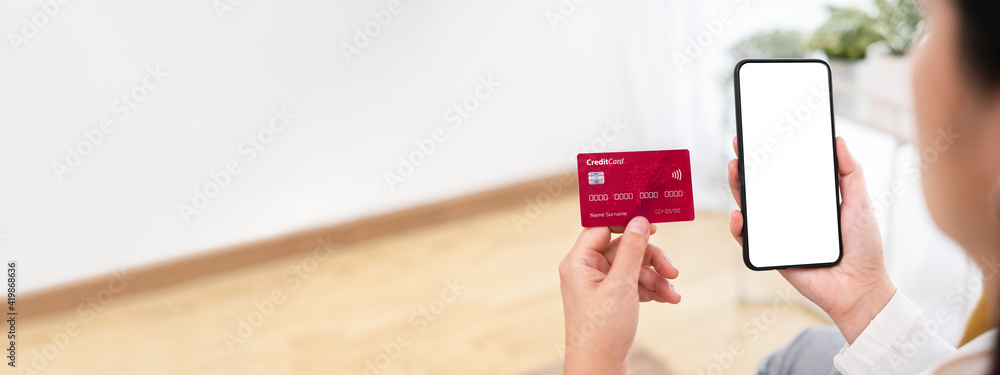 Poster asian woman shopping online with mobile and credit cart payment when order online at home.digital li