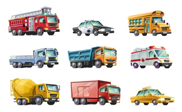 Vector cartoon style collection of cars: fire brigade, police car, school bus, truck, ambulance, concrete mixer, taxi. Isolated on white background.