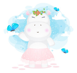 Hippo girl happy playing with butterfly cartoon character Premium Vector