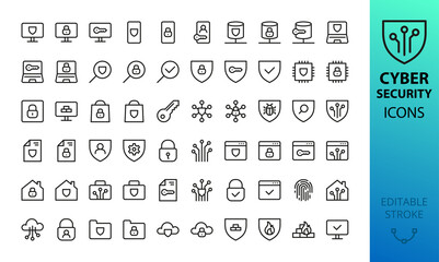 Fototapeta na wymiar Cyber security line icons set. Set of antivirus, fraud protection, network firewall, online privacy, fingerprint, cloud data encryption, mobile security, secure data, padlock isolated vector icons