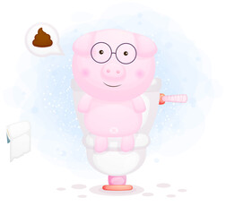 Cute doodle piggy sitting on toilet cartoon character Premium Vector
