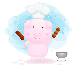 Cute piggy chef holding a grill sausage and a grill meatball. cartoon character and mascot illustration. Premium Vector