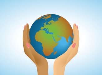 Hands with variation in color, ethnicity, holding planet Earth. Vector illustration. EPS10.