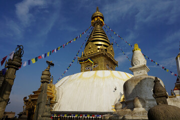 The famous Monkey Temple against the blue sky in Kathmandu, Nepal