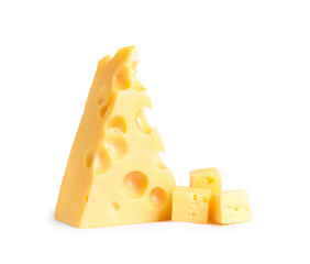 Pieces of cheese with holes on white background