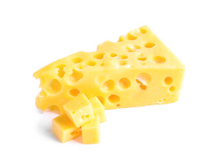 Pieces of cheese with holes on white background