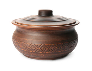 Stylish brown clay pot isolated on white