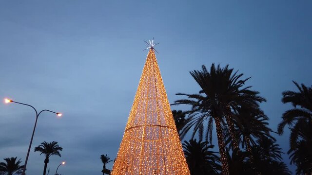 SPAIN, PALMA DE MALLORCA, 2019 DEC 19; Mallorca, Palma de Mallorca, La Rambla, Paseo Born, with Christmas lights,