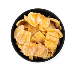 Sweet dried jackfruit slices in bowl on white background, top view