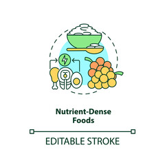 Nutrient dense foods concept icon. Healthy diet. Weight loss. Improve metabolism. Intermittent fasting idea thin line illustration. Vector isolated outline RGB color drawing. Editable stroke