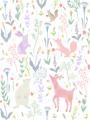 かわいい春の北欧風草花と動物のパターンイラスト素材