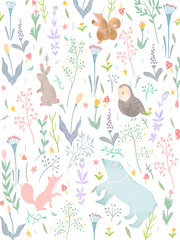 かわいい春の北欧風草花と動物のパターンイラスト素材