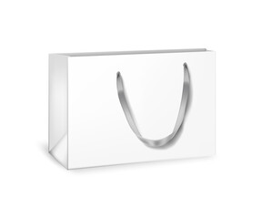 White cardboard bag. Blank gift or shopping package with ribbon handle vector illustration. Realistic commercial store carton bag isolated on white background.