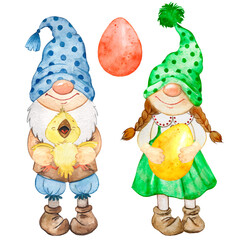 Watercolor illustration with two gnomes, easter gnomes, gnome with chicken and gnome with easter egg 
