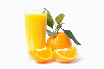 Orange juice glass with whole orange, slices and leaves isolated on white background.