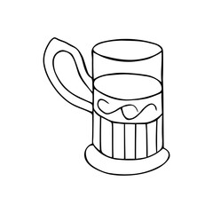 Black hand drawing outline vector illustration of a glass cup in a metal cup holder for hot tea or coffee isolated on a white background