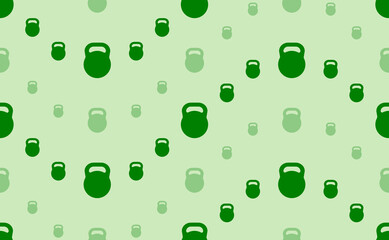 Seamless pattern of large and small green sports weight symbols. The elements are arranged in a wavy. Vector illustration on light green background