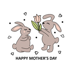 Rabbit, bunny presents a pink flower. Great for Happy Mother's day, birthday. Vector illustration.