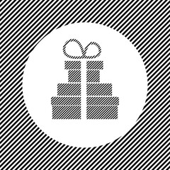 A large set of gifts in the center as a hatch of black lines on a white circle. Interlaced effect. Seamless pattern with striped black and white diagonal slanted lines