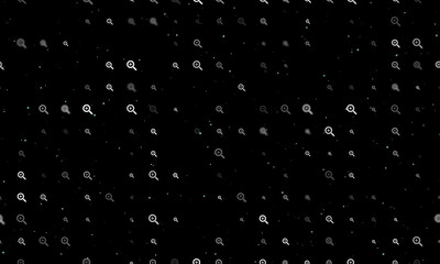 Seamless background pattern of evenly spaced white zoom in symbols of different sizes and opacity. Vector illustration on black background with stars