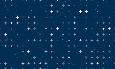 Seamless background pattern of evenly spaced white plus symbols of different sizes and opacity. Vector illustration on dark blue background with stars - obrazy, fototapety, plakaty
