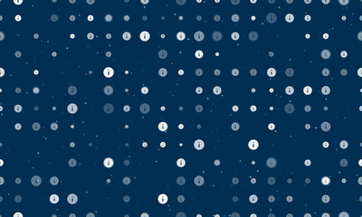 Seamless background pattern of evenly spaced white info symbols of different sizes and opacity. Vector illustration on dark blue background with stars