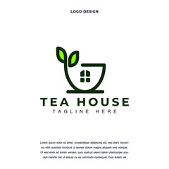 Creative tea house icon logo design vector illustration. mug tea leaf with house symbol logo design color editable