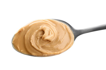 Delicious peanut butter in spoon isolated on white