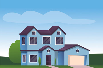 Suburban house background. Modern cartoon town building design vector illustration. Cozy windows and door, driveway to garage, path to home. Horizontal outdoor scene of villa